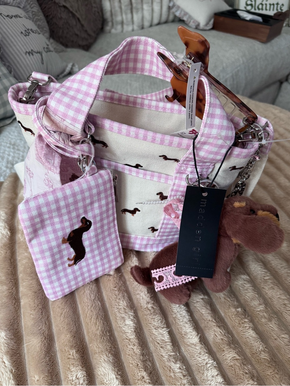 Madden Girl Pink Gingham Dachshund Tote with Charm